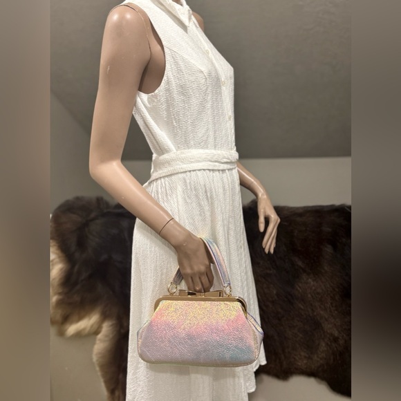 Stunning Iridescent Leather Handmade Bow Shaped Kisslock Clutch Bag, Multi Use